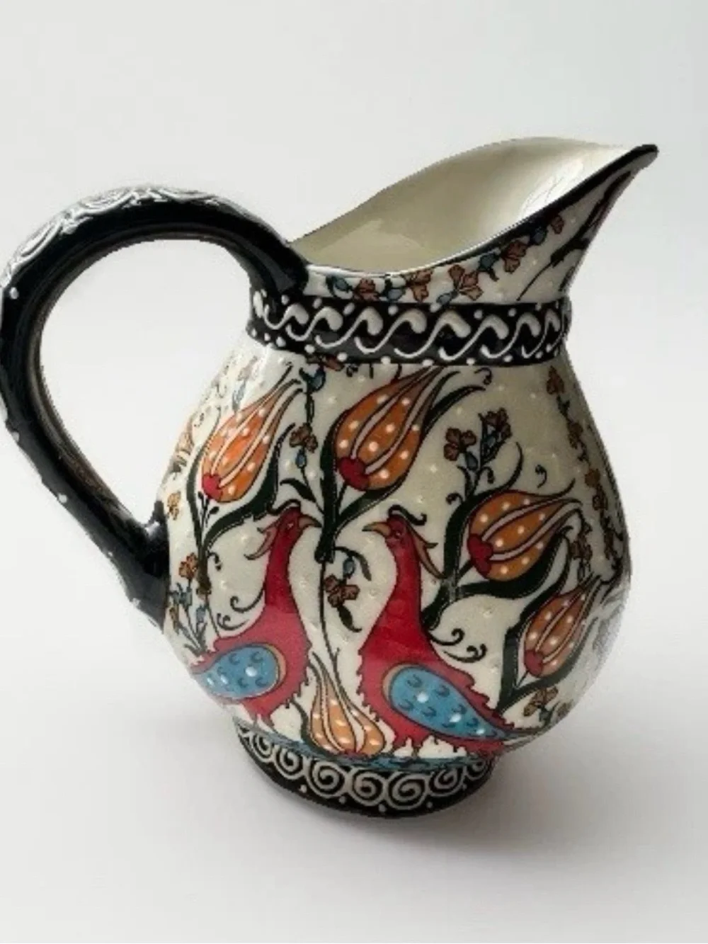 Nakkas Cini Hand Painted Turkish Ceramic Pitcher Flower Pottery Stunning
